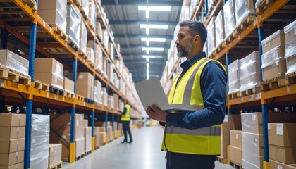 Male warehouse manager in a safety vest checking stock inventory with a clipboard