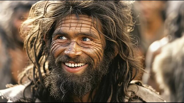 Weathered Stone Age Elder Gaze: Gray-Bearded Tribal Leader with Wise Blue Eyes Under Golden Light Amid Prehistoric Clan