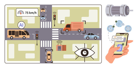 AI-monitored urban traffic system with vehicles, signals, and a phone app interface. Ideal for smart city, automation, safety, IoT, artificial intelligence mobility digital connectivity. A simple