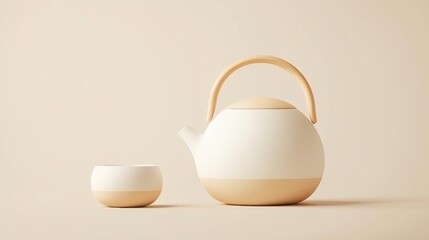 A white teapot with a light brown handle and base, accompanied by a matching white teacup.