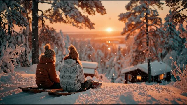 Winter sunset view from sled