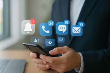 Businessperson interacts with a smartphone displaying notifications for messages, calls, and emails.