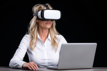 Blonde woman in white shirt using VR virtual reality headset, working on laptop against black background