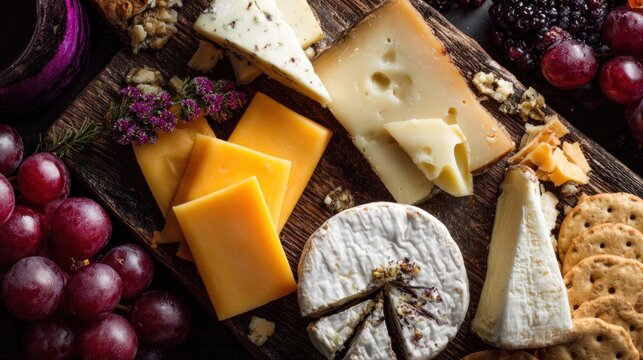 Assorted cheeses and snacks on a wooden board