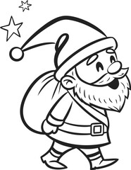 A funny Christmas cartoon illustration of Santa Claus with a bag full of presents