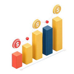 3d isometric bar chart with growing trend and coins isolated on transparent background
