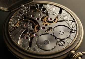 Fototapeta premium Close-up view of the intricate inner workings of an antique pocket watch with a shattered crystal face, showcasing gears and mechanisms.