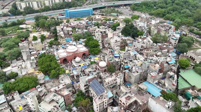 Aerial view of Hazrat Nizamuddin Dargah, a famous Sufi shrine and heritage site in New Delhi, India
