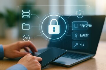 Fototapeta premium A person interacts with a modern digital interface showcasing security concepts, such as approval, safety, and keys, overlaid on a laptop and tablet.