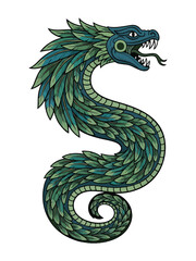 Fototapeta premium Stylized Green Quetzalcoatl Serpent with Feathered Body.