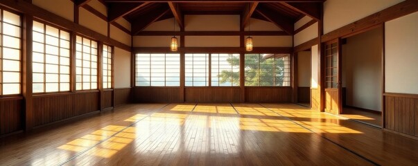 Spacious dojo; polished wood floors, traditional Japanese accents ready for practice , martial, discipline, school
