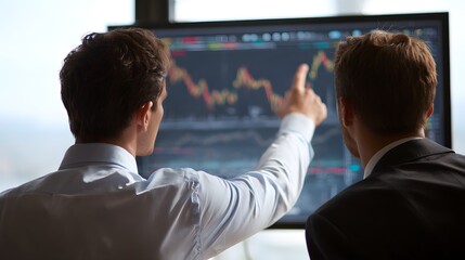 Two men analyze a stock market chart on a computer screen.