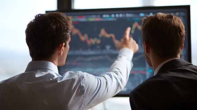 Two men analyze a stock market chart on a computer screen.