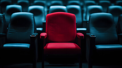 Fototapeta premium A single red chair in an empty theater among the black chairs. Illustration for a cinema background.