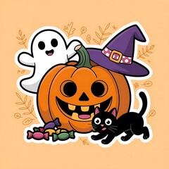 Happy halloween pumpkin ghost and cat illustration