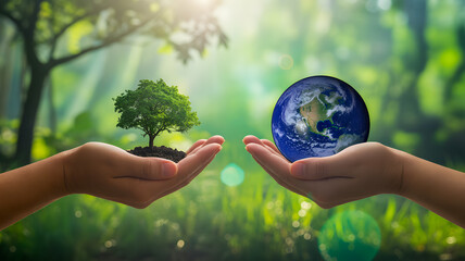 Hands cradling Earth and growing tree symbolize environmental protection and sustainability