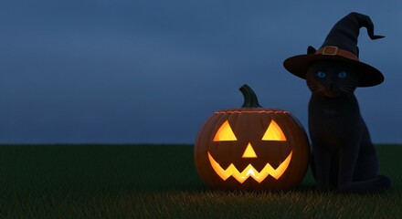 Black cat in witch hat beside glowing jack-o'-lantern