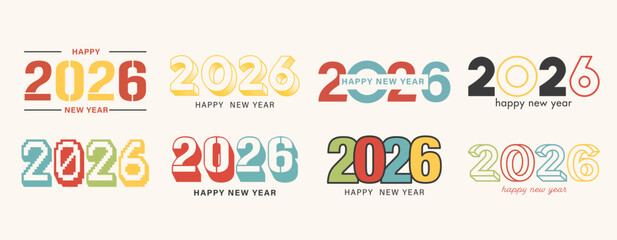 Happy New Year 2026 logo. Collection of festive 2026 number templates in modern design. Vector