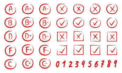 Set of rough chalk symbols in red: circled A,B,C,D,F grades, plus and minus marks, checked boxes, X boxes, and handwritten 0–9 digits.