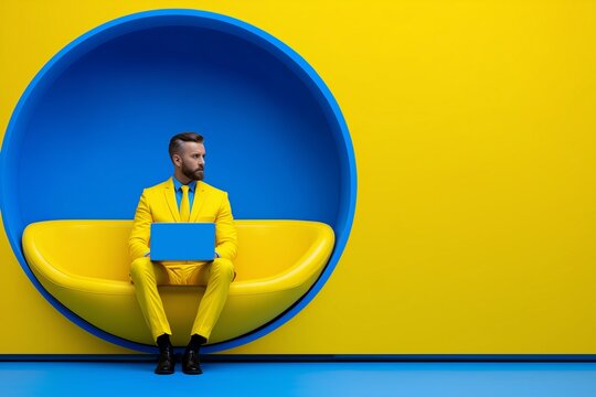 Man using laptop in yellow suit, futuristic workspace in blue circular pod on yellow wall