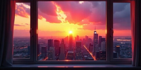 Clean window reveals breathtaking sunset over city skyline, panoramic, horizon, stock