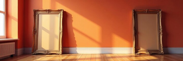 Empty ornate wooden frames against a warm wall, hardwood floor , interior design, home decoration, vintage