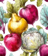 Watercolor fruit and vegetable seamless pattern