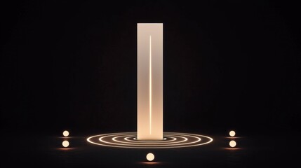 A tall, rectangular light source with a single vertical line through it, surrounded by a circular pattern of smaller lights.