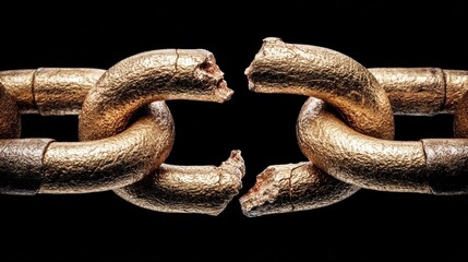 Obraz premium A broken golden chain against a stark black background, symbolizing struggle and liberation.