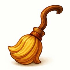 Golden Brown Witch Broom with Curved Handle and Bristles halloween magic