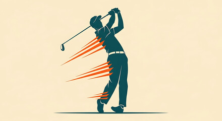 Dynamic golfer silhouette with motion lines, representing power and precision