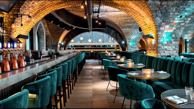 Modern underground speakeasy with historic brick arches, teal velvet seating, marble bar counter, mirrored back wall, and atmospheric lighting. The exclusive ambiance, plush furnishings, candlelit tab