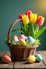 Rustic wooden table displays a wicker basket filled with painted Easter eggs and bright spring tulips , wicker, Easter