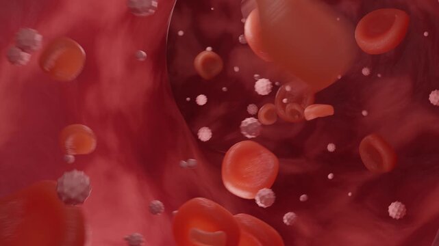 Blood Cells Flowing Inside Blood Vessel. Bloodstream. Red Blood Cells Flow Inside Artery. Blood Flow or Stream in 3D. Medical or Microbiological Animation. Human Circulatory System