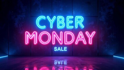 Dynamic neon Cyber Monday sale banner glowing against an abstract background, perfect for promoting deals and offers in 4k video footage - Powered by Adobe