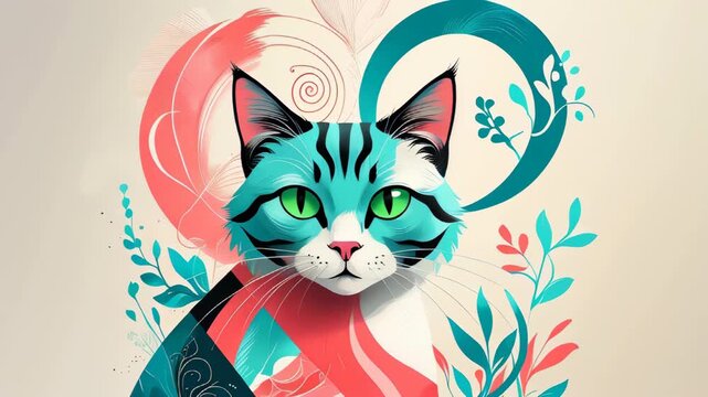video of Modern artistic cat illustration combining abstract geometric and organic elements in trendy colors for International Cat Day