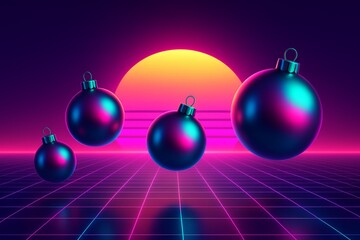 Obraz premium Retro Christmas ornaments in neon vaporwave landscape