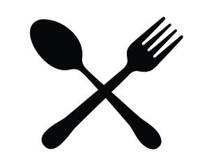 Silhouette image of a crossed spoon and fork for a culinary theme