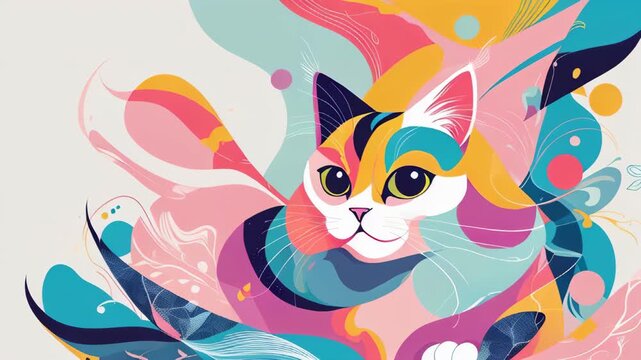 video of Modern artistic cat illustration combining abstract geometric and organic elements in trendy colors for International Cat Day