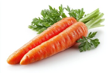 Two fresh carrots with tops