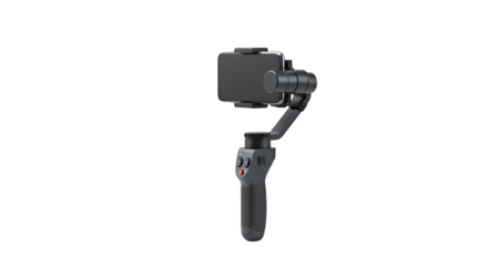 Dark grey gimbal stabilizer stands out in high key light for product photography and tech marketing material.