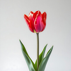 Crimson Tulip's Embrace: A vibrant crimson tulip, with delicate petals and lush green leaves, stands gracefully, capturing the essence of springtime's elegance and floral artistry.