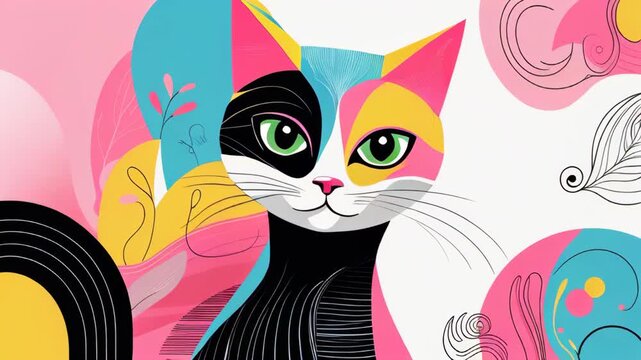 video of Modern artistic cat illustration combining abstract geometric and organic elements in trendy colors for International Cat Day
