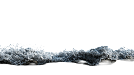 Detailed close-up of a powerful ocean wave crashing over dark rocks, cut out transparent