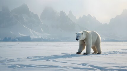 Majestic polar bear walks across a vast frozen tundra landscape with snow covered mountains in the hazy background under soft daylight