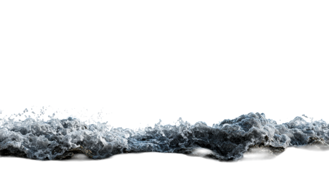 Detailed close-up of a powerful ocean wave crashing over dark rocks, cut out transparent