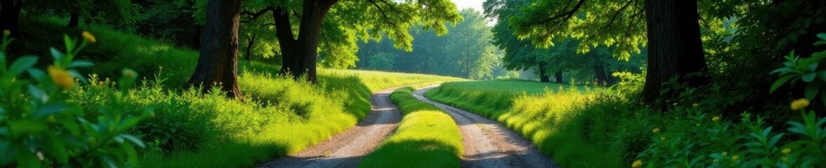 Overgrown gravel road winds uphill through trees, shadows long, trees, gravel, depth