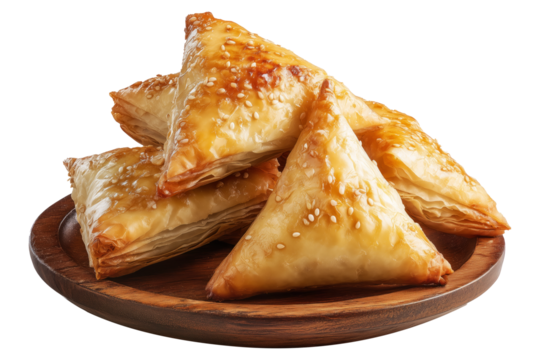 Briouat triangular fruit filled pastries, phyllo pastries filled with meat or almonds isolated on white transparent background, concept of Arabic sweet baked desserts