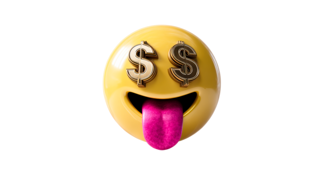 Yellow emoji face with dollar sign eyes and pink tongue sticking out, cut out transparent - Powered by Adobe