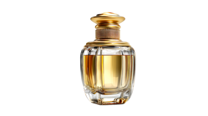 Elegant golden perfume bottle with ornate cap and textured collar, cut out transparent